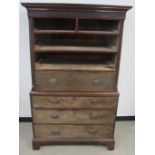 An antique chest on chest, having moulded cornice to the top section, missing four drawers to top