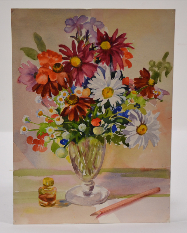 Winifred Francis (British 1915-2009), A Still Life of Flowers in a glass Vase with a Pencil and - Image 2 of 2