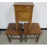 A near pair of 19th Century fruitwood occasional tables, square tops, turned support untied by