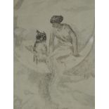 Graphite and wash, woman and owl seated on crescent moon, 21cm x 13cm together with two further
