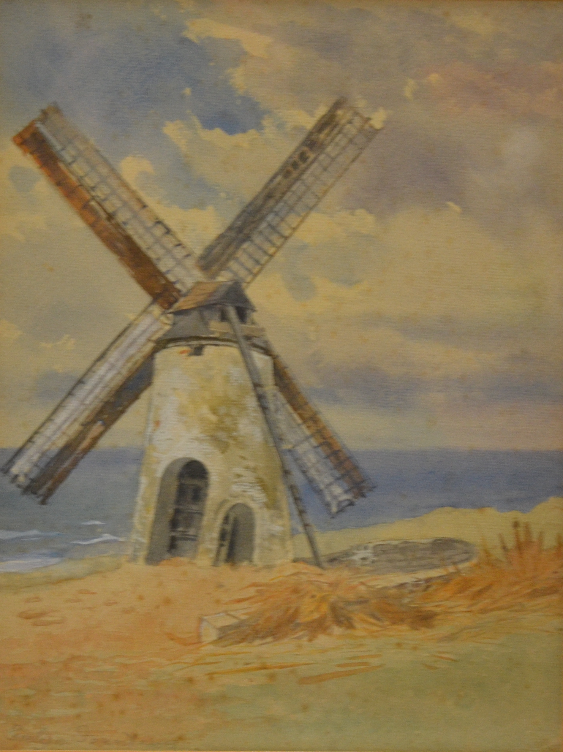 20th Century watercolour on paper, windmill on a coast, indistinctly signed Evelyn …... Lower