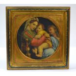 Classical print of Madonna and child, on board in ornate patterned Italianate frame, 29cm diameter