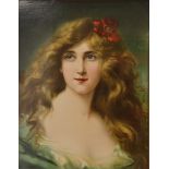 Early 20th Century print, young woman with red flower in her hair, 50cm x 40cm