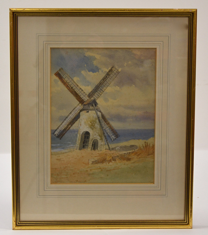 20th Century watercolour on paper, windmill on a coast, indistinctly signed Evelyn …... Lower - Image 4 of 6