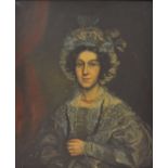19th Century, oil painting, portrait of lady in blue dress and lace bonnet, 75cm x 62cm