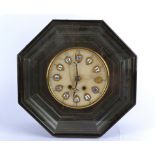 19th century French vineyard clock, the case of octagonal form with ebony and brass string inlaid