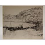 Winifred Francis (British 1915-2009), charcoal on paper, A Fishermans Cove, signed and dated 1973