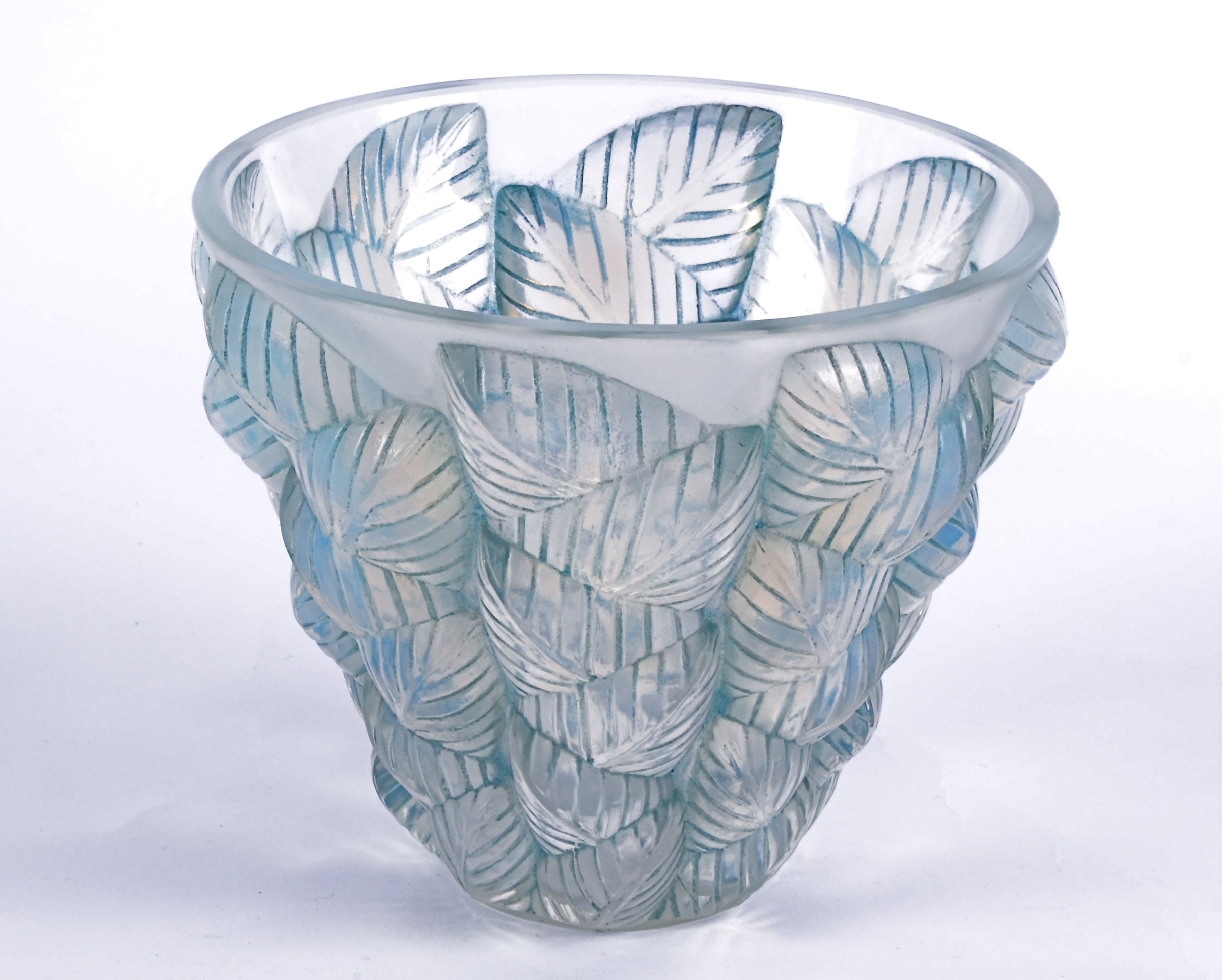 A Rene Lalique 'Mosaic' pattern opalescent vase, with moulded opalescent leaf decoration, marked '