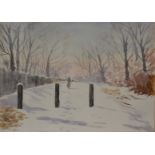 20th Century watercolour, snowscape, man walking down snowy lane, 29cm x 39cm