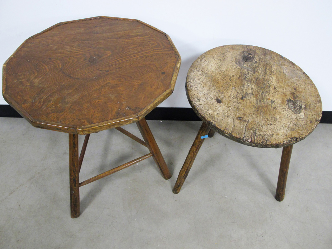 Two antique Cricket tables, one with a octagonal elm top the other from a fruitwood, 52cm x 66cm and - Image 2 of 8
