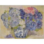 Vence watercolour, Still life of blue flowers in vase, signed and dated in pencil lower right 97,