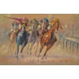 L R Mykino, late 20th Century, oil on canvas, Horse Race, 61cm x 91cm Fair
