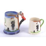 Two Carlton Ware pottery tankards with the macabre subject matter of execution by public hanging,