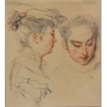 19th Century, French School, graphite and sepia drawing, on paper, young woman from two