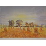 Signed limited edition print, Early in August, depicting haystacks in a field, Michael Carlo, 21/55,