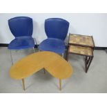 A vintage kidney shaped occasional table, sold together with a nest of two tiled topped tables and