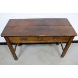 Antique country stained pine side table, two plank top, two short frieze drawers, raised on square