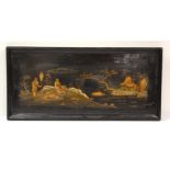 Late 19th Century Japanese lacquered panel, two men on river bank, 30cm x 70cm
