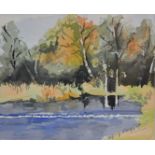 20th Century watercolour, pond with trees, indistinctly signed lower right, 29cm x 35cm