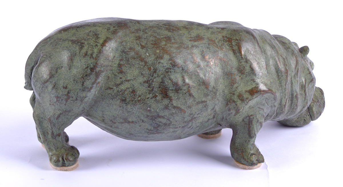 Rosalie Johnson (Contemporary British)a green patinated cold cast bronze study of an alert hippo, - Image 2 of 3