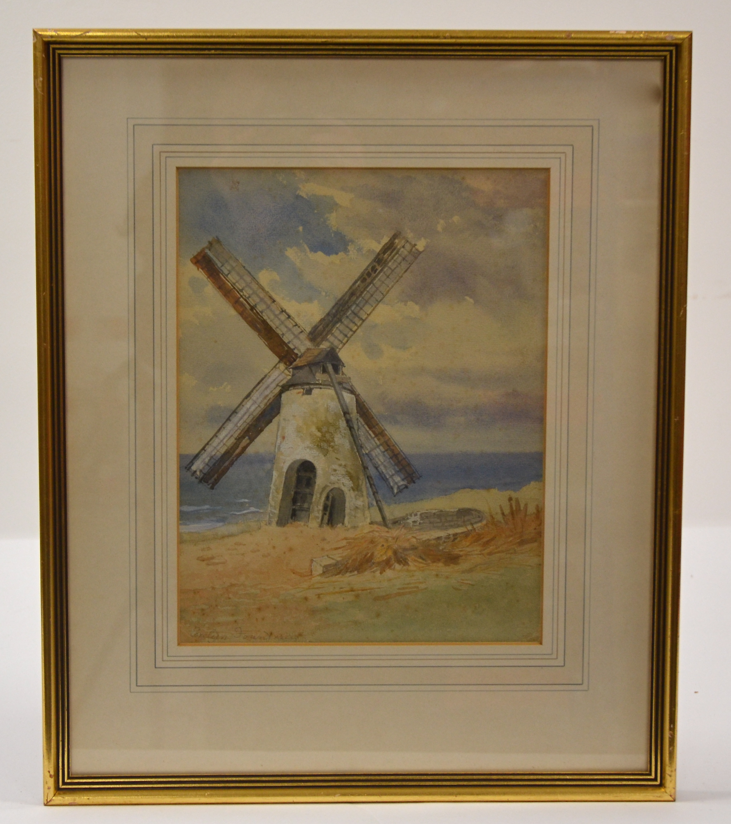 20th Century watercolour on paper, windmill on a coast, indistinctly signed Evelyn …... Lower - Image 3 of 6