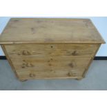 A Victorian waxed pine chest, of the long drawers with replacement turned handles and feet, 97cm x