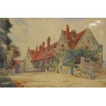 20th Century, pair of watercolours, Medieval stone gate and gabled house, each 22cm x 33cm (2)