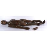 A hand carved fully articulated artist's mannequin or lay figure, stained pine, one hand unattached,