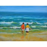 Kathy Luders, oil on canvas, Hold my Hand, children at the beach, signed KSL lower right, 46cm x