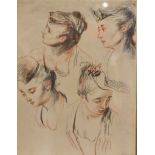 19th Century, French School, graphite and sepia drawing, on paper, young woman from four