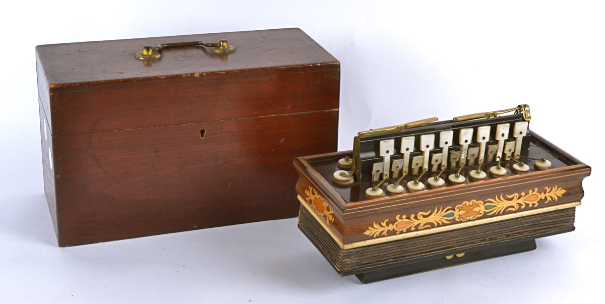 A 19th Century French inlaid rosewood accordian flutina, with brass and mother of pearl keys,