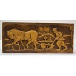 Relief wooden carving, farmer ploughing the land, 29cm x 70cm