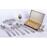 A set of Swedish 24ct rolled gold teaspoons, in the original box, together with a quantity of silver