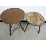 Two antique Cricket tables, one with a octagonal elm top the other from a fruitwood, 52cm x 66cm and