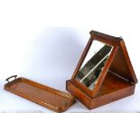 A Victorian wooden jewellery box, with a brass carrying handle, containing a mirror and a sliding