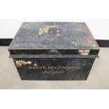 A vintage metal deed box, with Joseph Buckmaster (deceased) in gold lettering to front, 54cm x