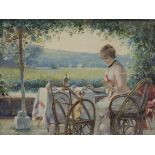 William H. Lippincott (American 1849-1920) watercolour, Young woman and pug at tea on the terrace,
