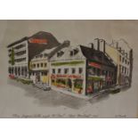 Watercolour, Canadian street scene, inscribed Place Jacques Castier Angle St Paul Vieue Montreal,