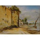 19th Century, European School, watercolour on paper, An Estuary by a Walled Town, 14cm x 20cm fair