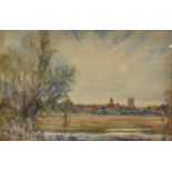 C R Rushton, 20th Century, watercolour of town by water meadows, signed lower left, 33cm x 50cm