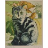 Contemporary framed print, seated kitten inscribed, 'Kitty on the table' 8/100 by Mary Fenoughty,