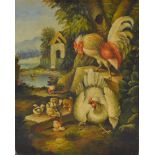 Follower of Edgar Hunt, 20th Century, oil on canvas, Chickens in a Farmyard, 25cm x 20cm together