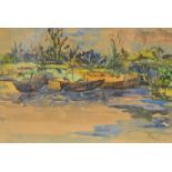 E Ernst, watercolour on paper, Asian river scene, signed and dated 69, 45cm x 58cm