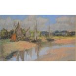 Pastel on paper, sailing boats moored in estuary, signed lower right indistinctly, 28cm x 45cm,