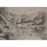 Winifred Francis (British 1915-2009), pencil on paper, river scene near Builth Wells, 21cm x 30cm