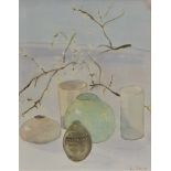 Anne Lubim, still life of five vessels and blossom signed and dated 94, 48cm x 38cm together with