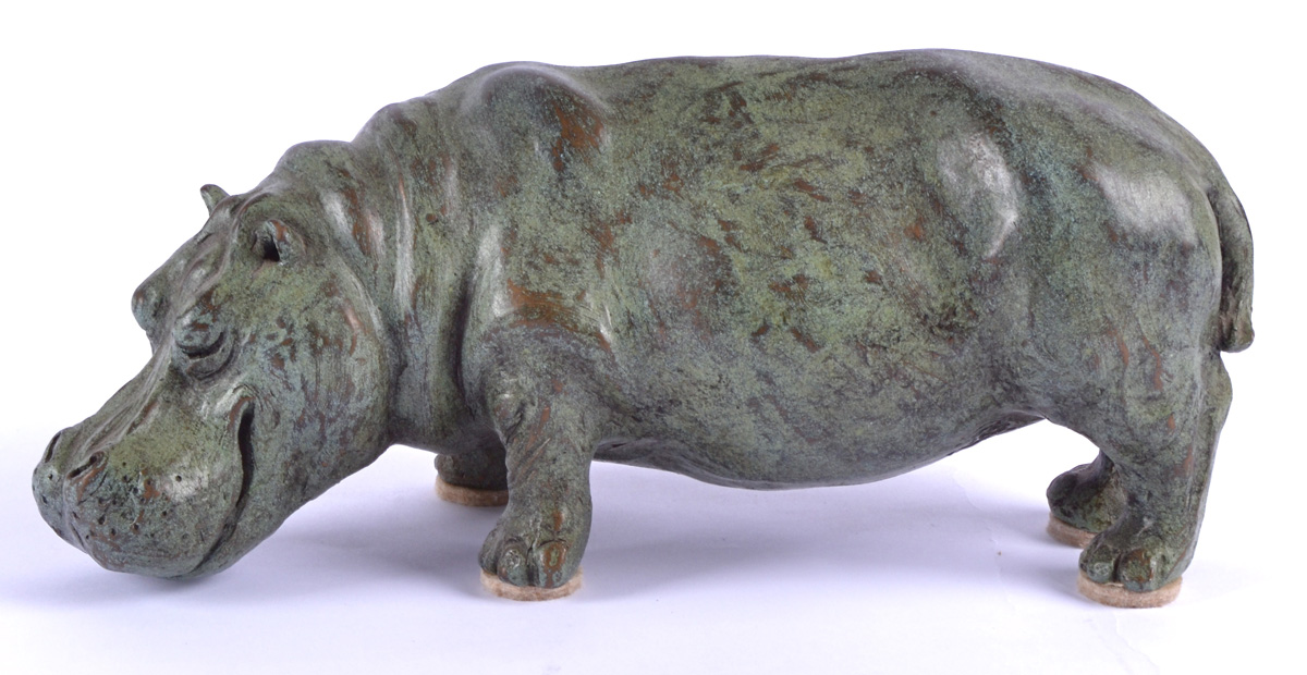 Rosalie Johnson (Contemporary British)a green patinated cold cast bronze study of an alert hippo,