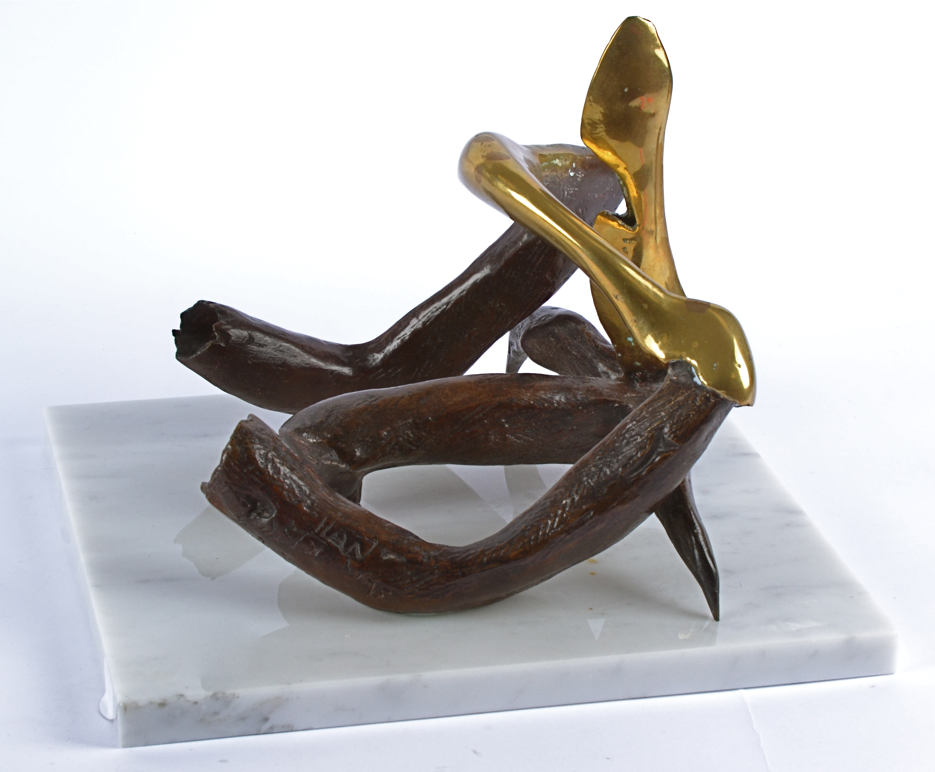 Eli Ilan (1928-1982) 'Confrontation II' bronze maquette, on a white marble plinth base, 1975, signed