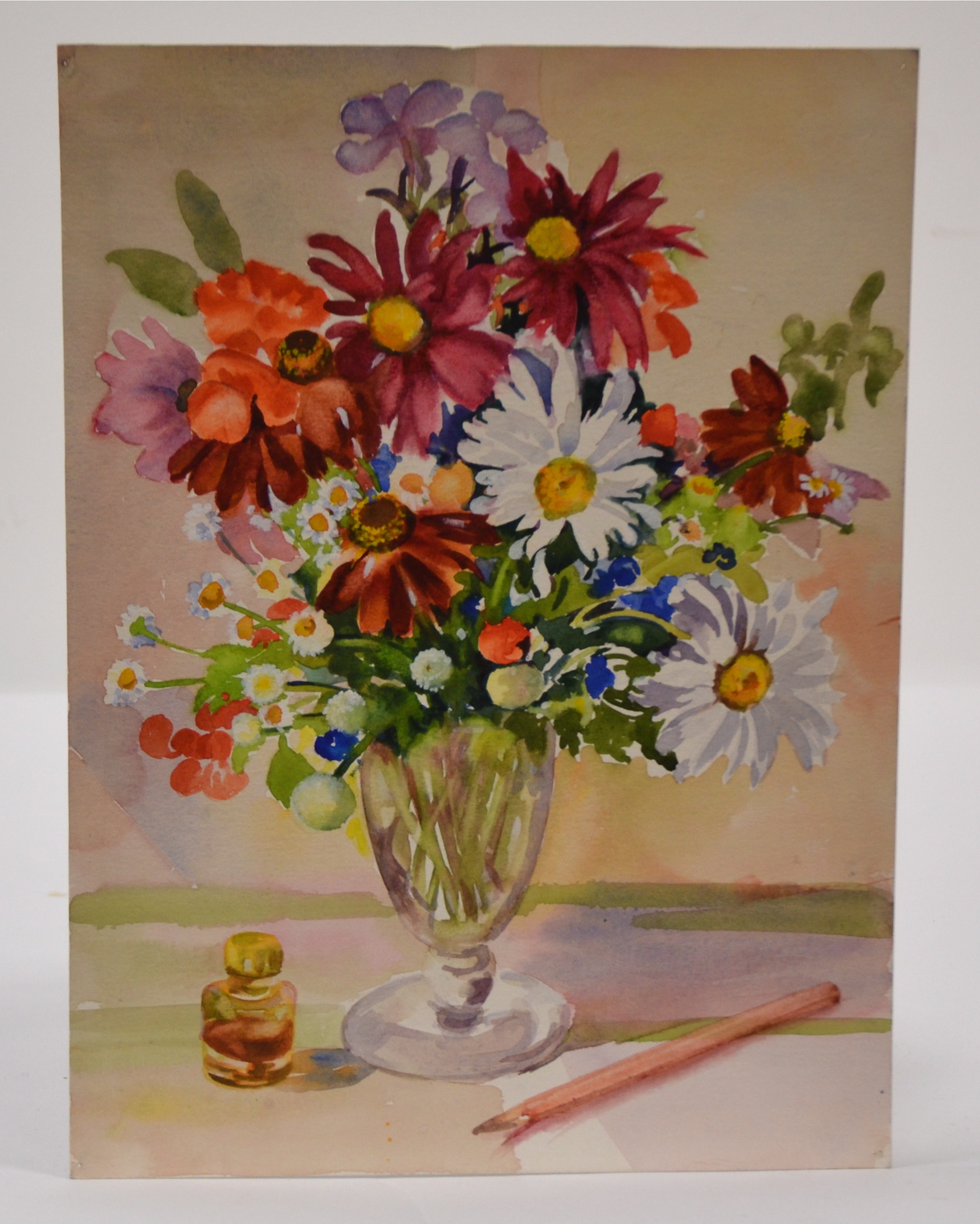 Winifred Francis (British 1915-2009), A Still Life of Flowers in a glass Vase with a Pencil and