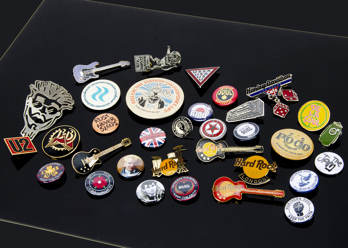 Pin Badges / Northern Soul / Rock, thirty two Music related pin badges including Wigan Casino,